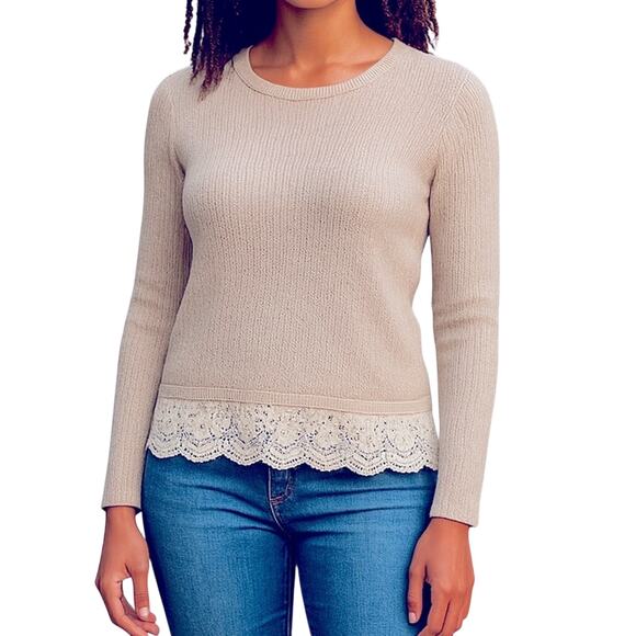 Hollister Lace Trimmed Lightweight Tan Crew Neck Sweater Size XS - Picture 1 of 9